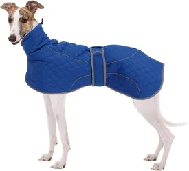 Greyhound Winter Coat, Whippet Coat with Padded Fleece Lining, Water Resistant Dog Jacket with Hook and Loop Closure and Reflective Trim Safety - Navy - Small