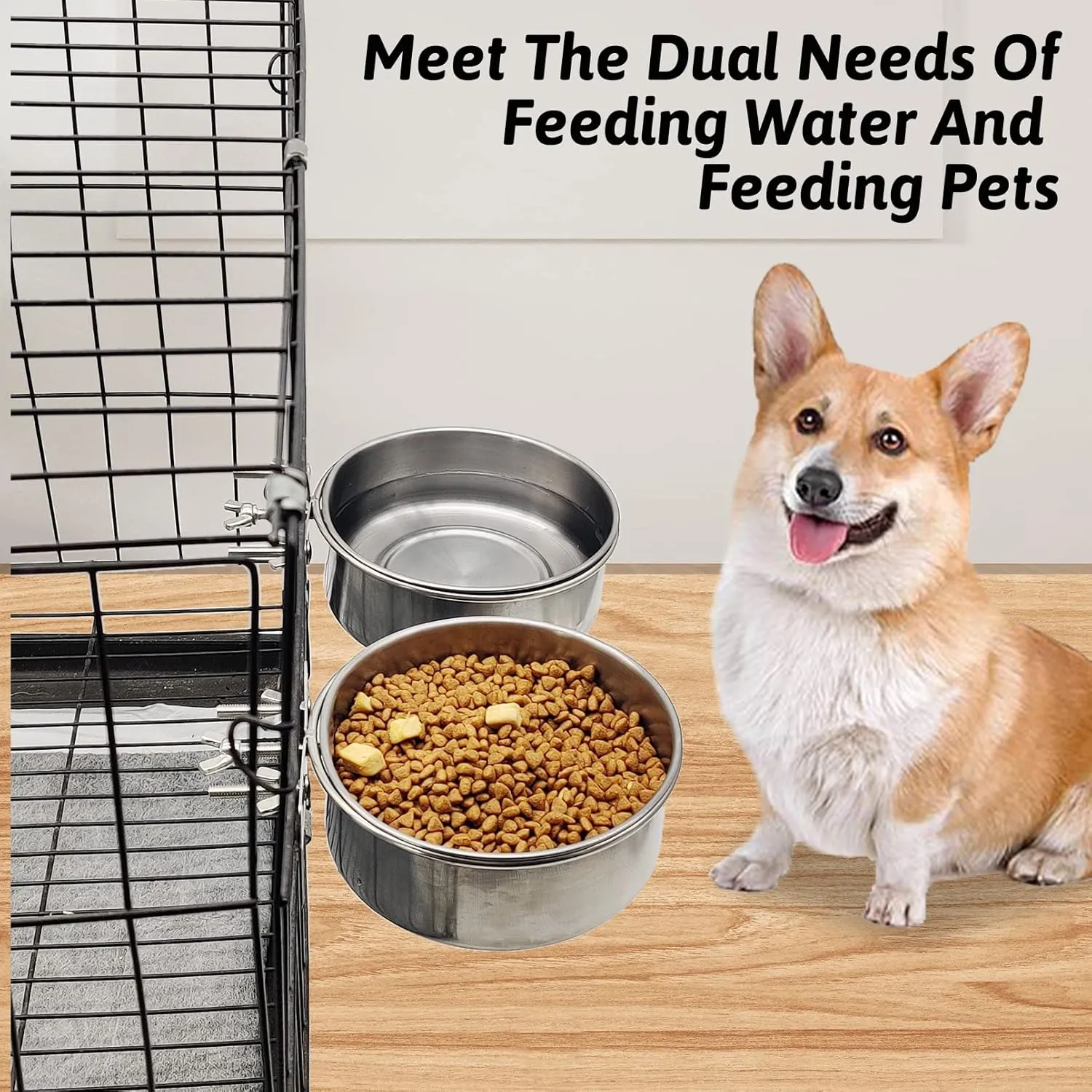 Hamiledyi 2 Pcs Dog Crate Bowl Stainless Steel Puppy Bowls Sturdy Spill-Proof Pet Water Bowl Hanging Water/Food Metal Bowls for Puppy Medium-Sized Dogs Cats (6.3''x2.3'')