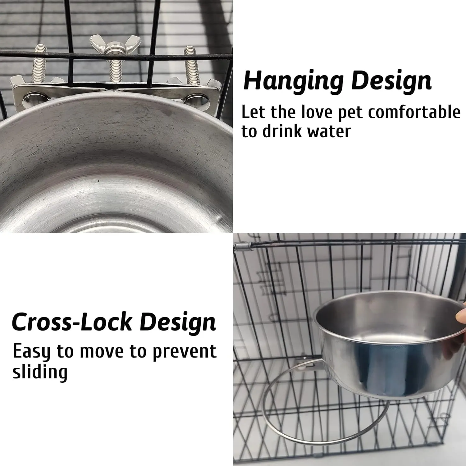Hamiledyi 2 Pcs Dog Crate Bowl Stainless Steel Puppy Bowls Sturdy Spill-Proof Pet Water Bowl Hanging Water/Food Metal Bowls for Puppy Medium-Sized Dogs Cats (6.3''x2.3'')