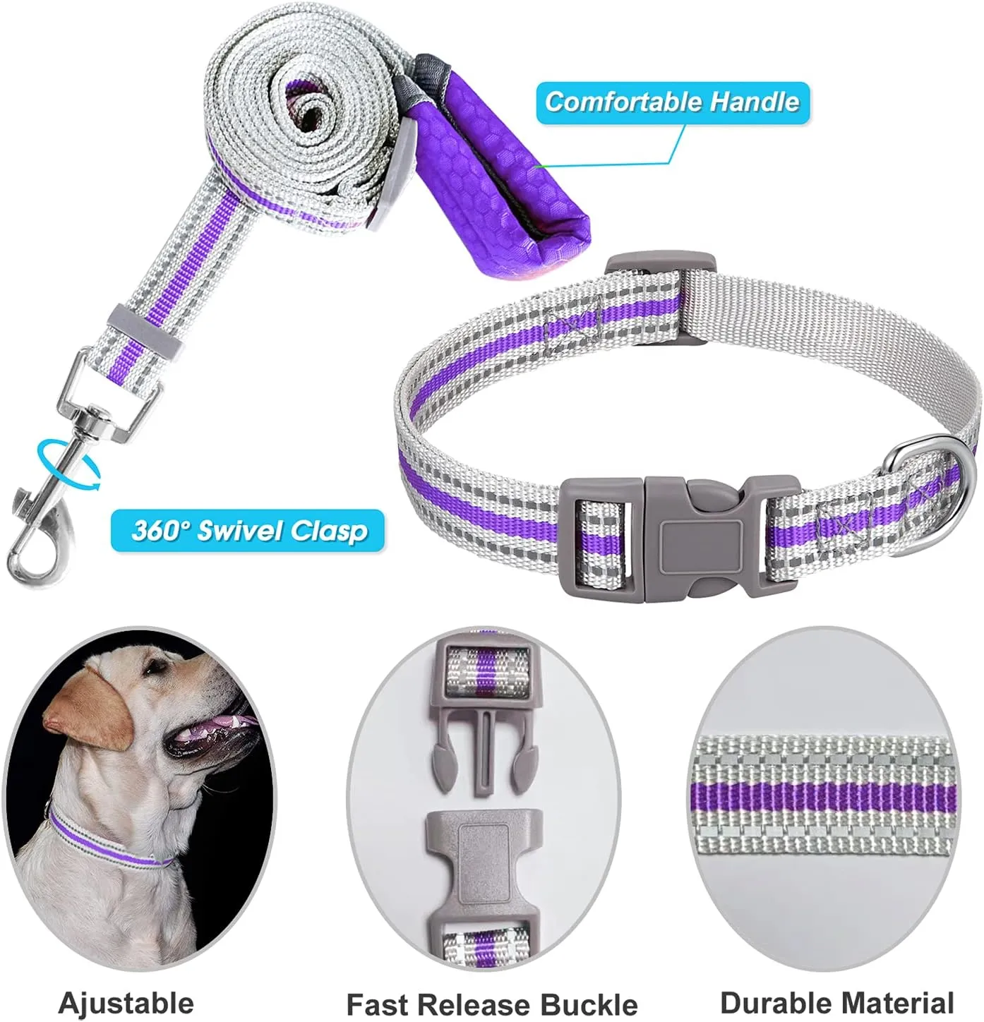 JSXD Puppy Harness, Adjustable Leash and Collar Set, Step-in Dog Harness, 3M Reflective Pet Dog Vest for Small Medium Puppy (L:Neck 13.4-16.5"|Chest 18.9-21.3", Purple)