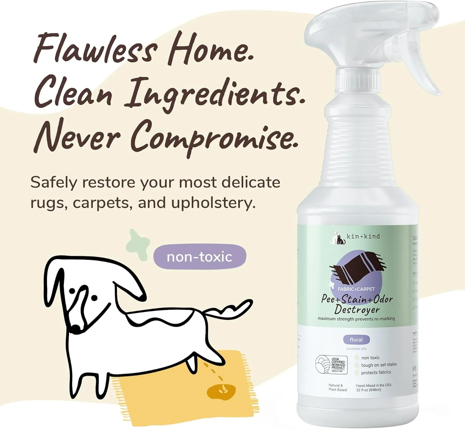 kin kind Pet Odor Eliminator for Home - Litter Deodorizer, Pet Urine Odor Eliminator Spray and Stain Remover Spray for Harwood Floods, Carpet and Fabric - Pee, Odor and Stain Destroyer 32 fl oz