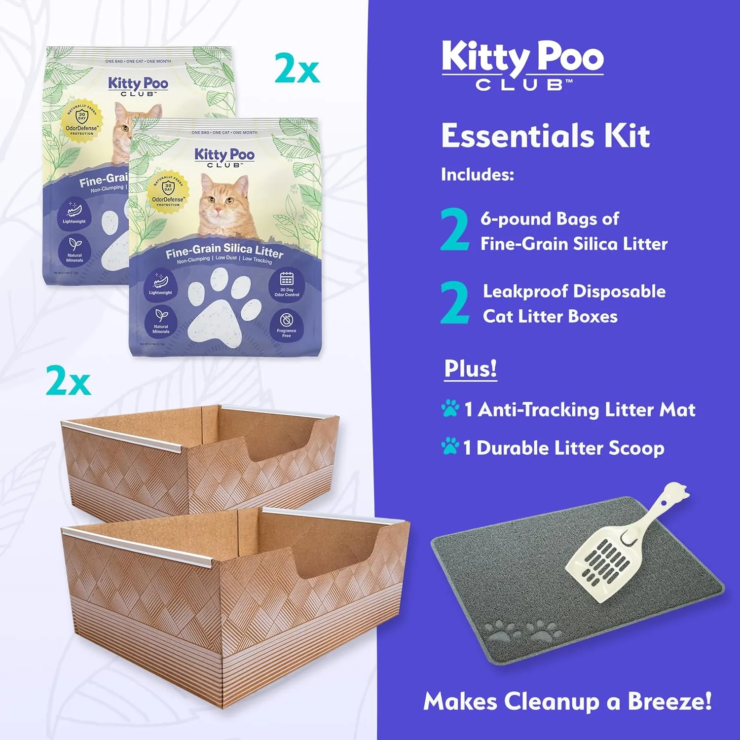 Leakproof Disposable 2-Pack Cat Litter Box with Accessories | Superior Odor Control & Recyclable Design | 2 Litter Box, 2-Pack of 6lbs Litter, Mat & Scoop |Multi-Cat Homes & Daily Use  Kitty Poo Club