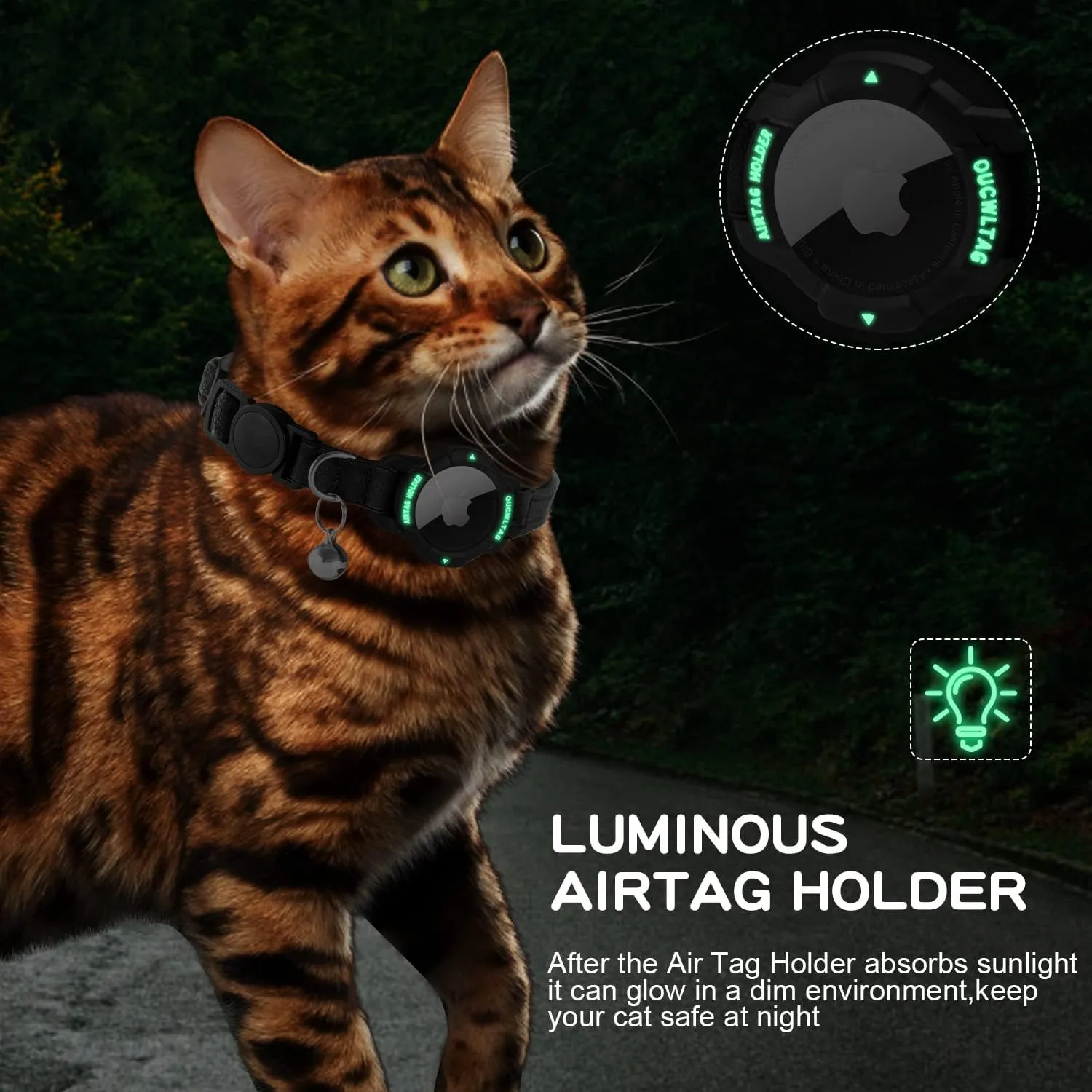 Luminous AirTag Cat Collar Breakaway, OUCWLTAG GPS Cat Collar with Apple Air Tag Holder, Cat Tracker Collars with Safety Elastic Band for Girl Boy Cats, Kittens and Puppies (Black, 7-10 Inch)