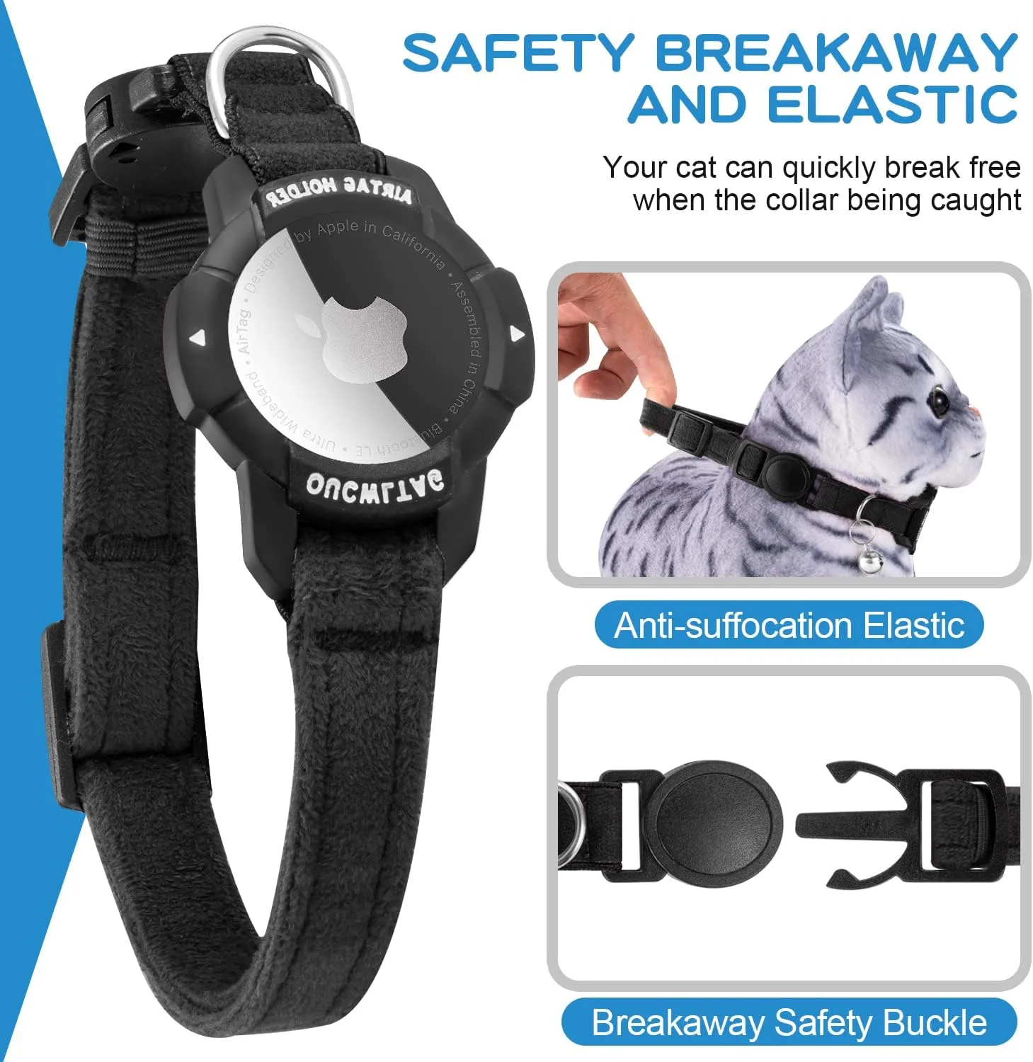 Luminous AirTag Cat Collar Breakaway, OUCWLTAG GPS Cat Collar with Apple Air Tag Holder, Cat Tracker Collars with Safety Elastic Band for Girl Boy Cats, Kittens and Puppies (Black, 7-10 Inch)