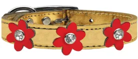 Metallic Flower Leather Collar Gold With Metallic Red Flowers Size 18