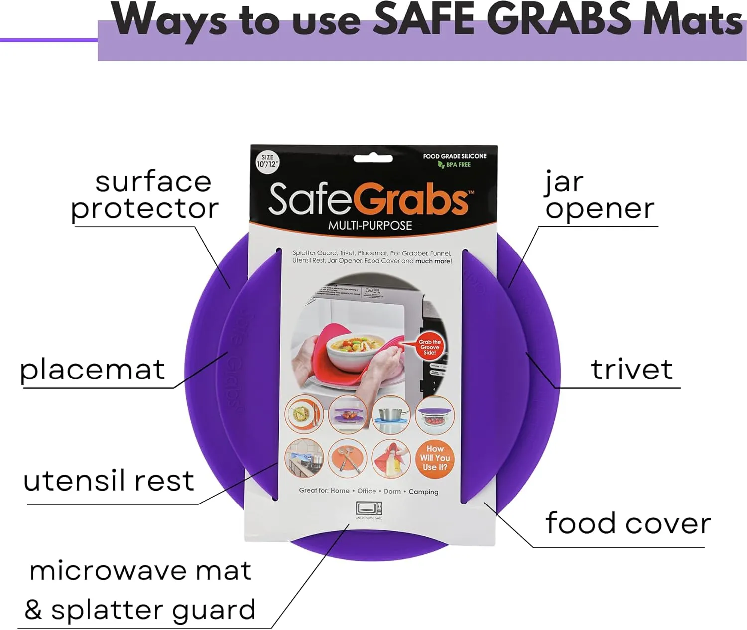 Multi-Purpose Silicone Original Microwave Mat as Seen on Shark Tank | Splatter Guard, Trivet, Hot Pad, Pot Holder, Minimize Mess (BPA-Free,Heat Resistant,Dishwasher Safe), Set of 2 Purple