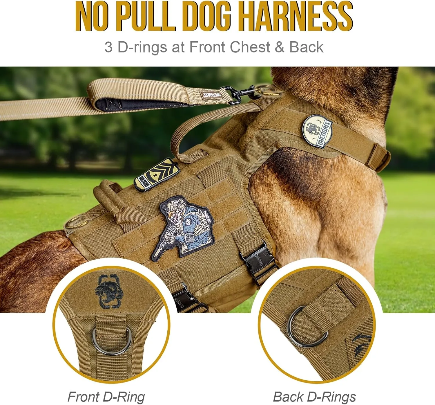 OneTigris Tactical Large Dog Harness, 5X Metal Buckled No Pull Service Dog Harness Vest with Hook & Loop Panels, Military Heavy Duty Dog Vest for Walking Hiking Training