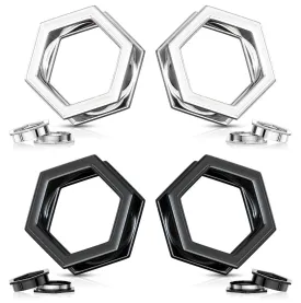 PAIR Hexagon 316L Surgical Steel Screw Fit Tunnels Plugs, Black or Silver