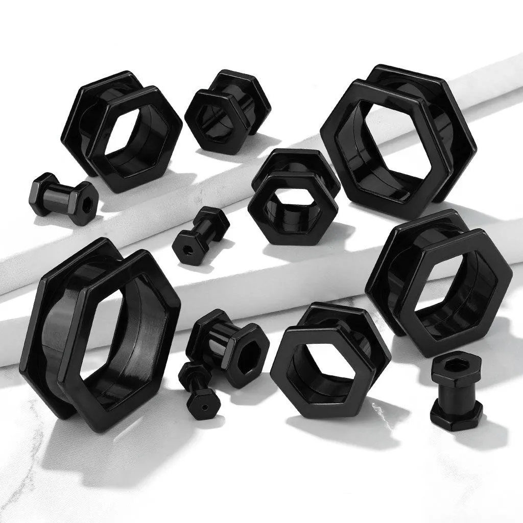 PAIR Hexagon 316L Surgical Steel Screw Fit Tunnels Plugs, Black or Silver