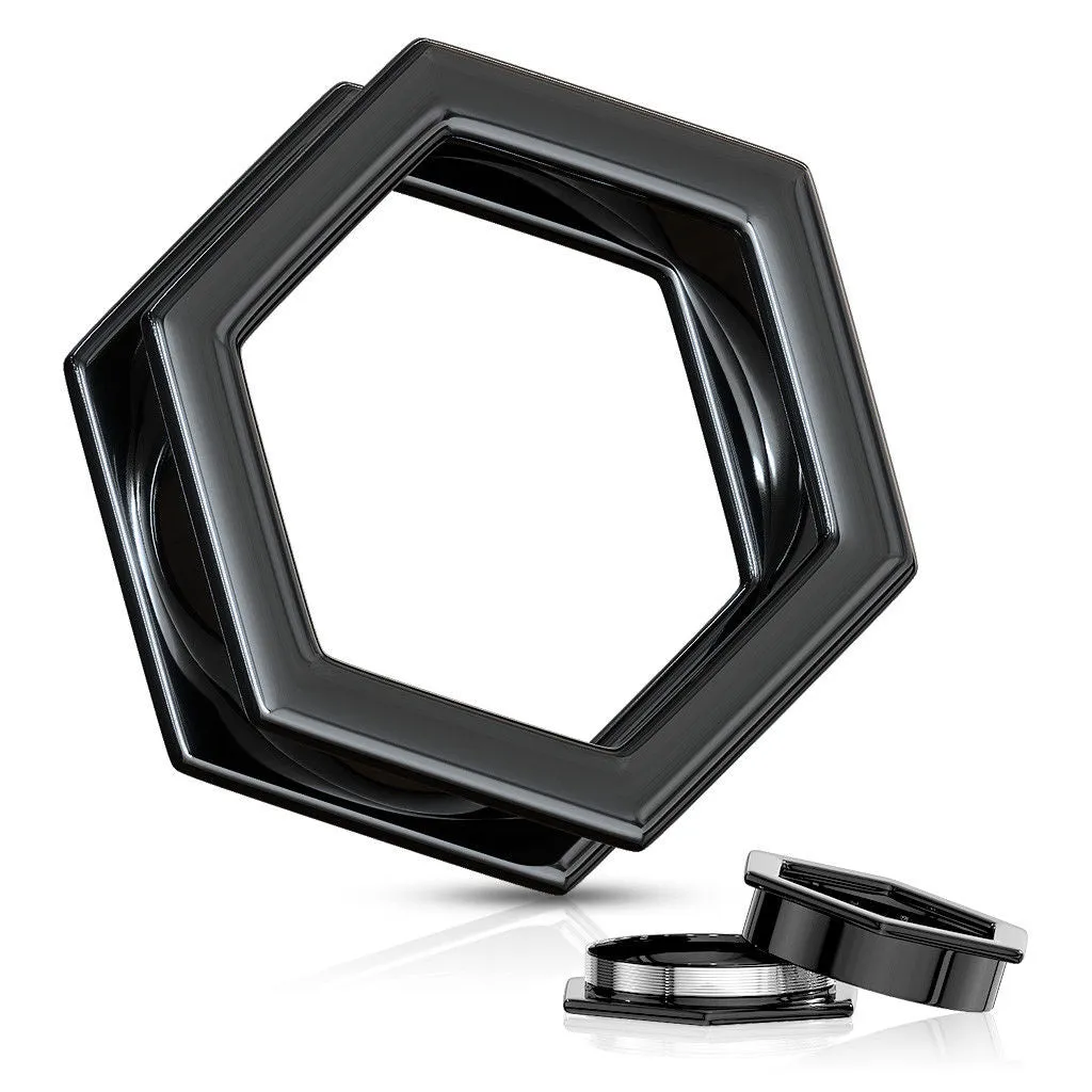 PAIR Hexagon 316L Surgical Steel Screw Fit Tunnels Plugs, Black or Silver