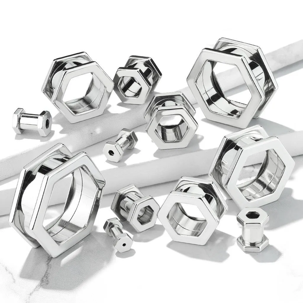 PAIR Hexagon 316L Surgical Steel Screw Fit Tunnels Plugs, Black or Silver