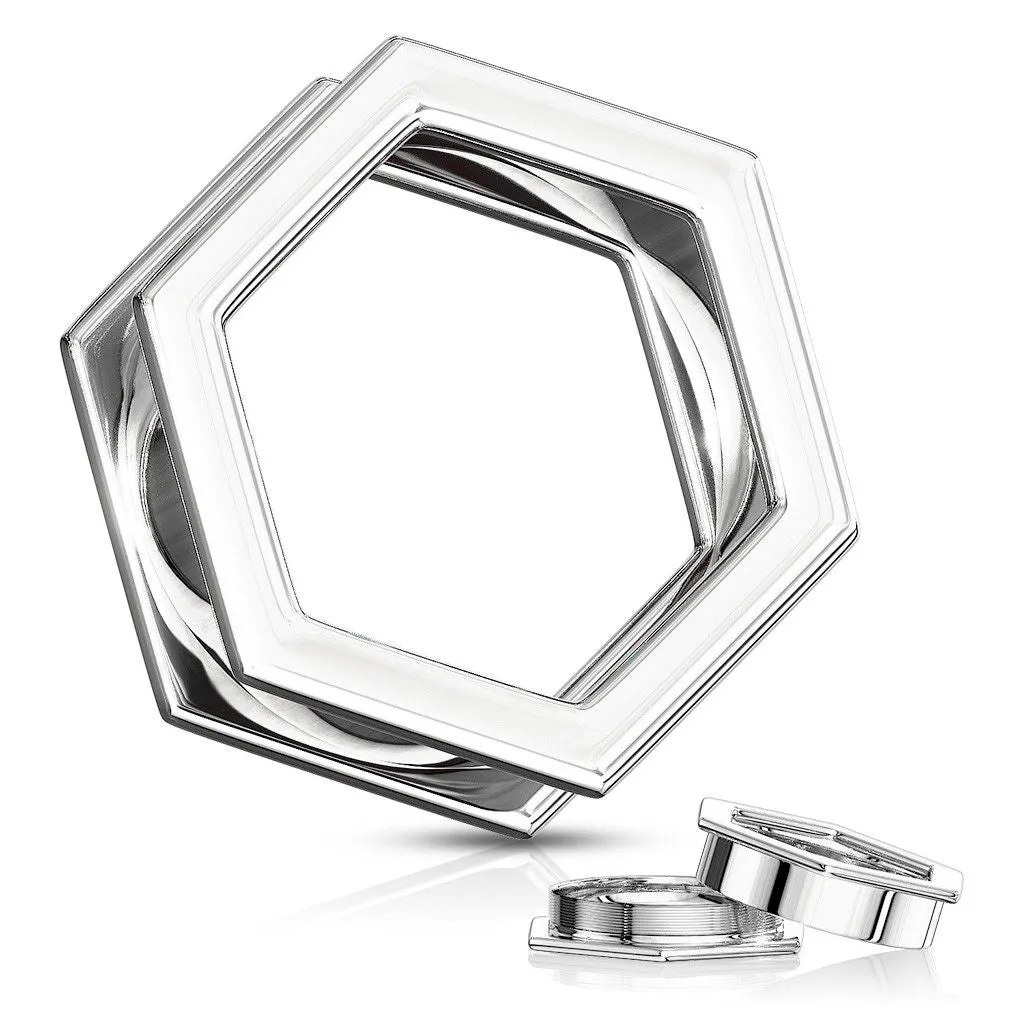 PAIR Hexagon 316L Surgical Steel Screw Fit Tunnels Plugs, Black or Silver