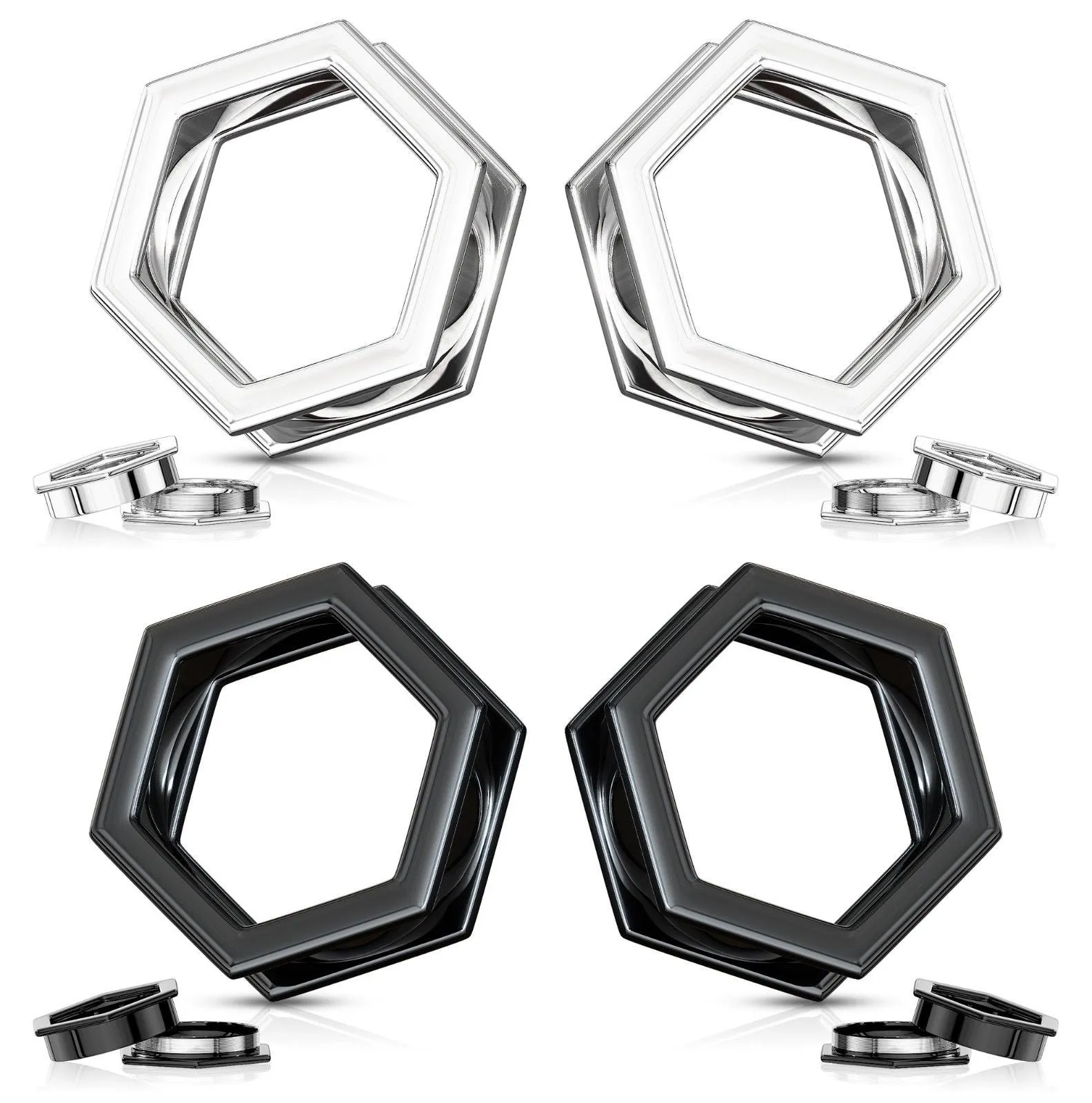 PAIR Hexagon 316L Surgical Steel Screw Fit Tunnels Plugs, Black or Silver