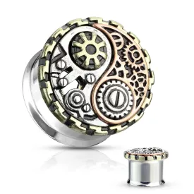 PAIR Steampunk Yin-Yang Tunnels Double Flare Surgical Steel Plugs Earlet Gauges