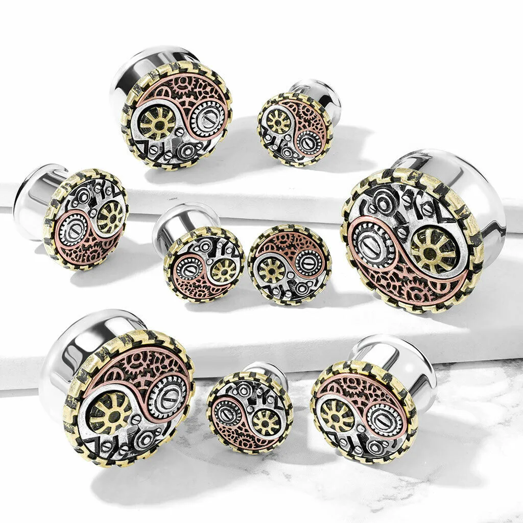 PAIR Steampunk Yin-Yang Tunnels Double Flare Surgical Steel Plugs Earlet Gauges