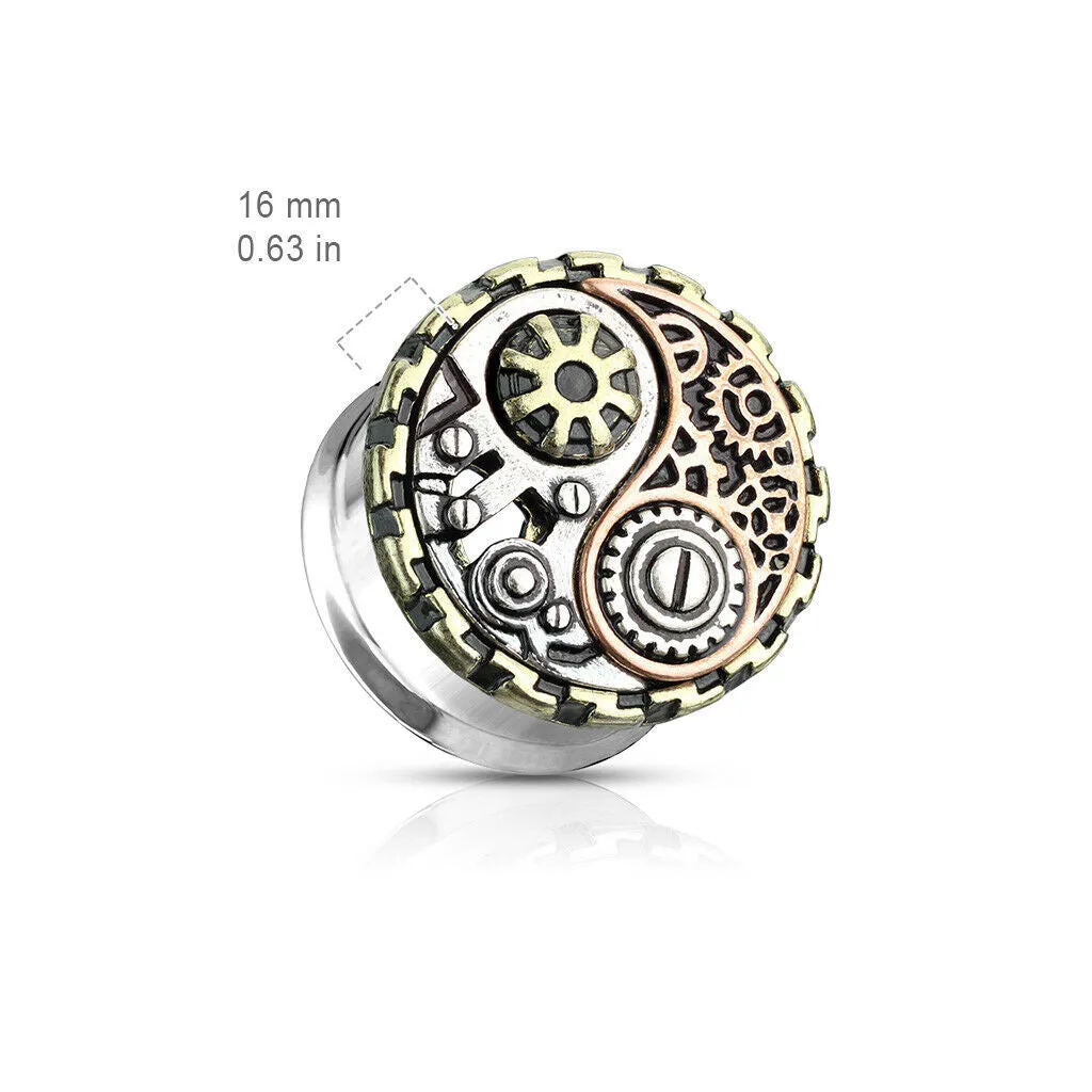 PAIR Steampunk Yin-Yang Tunnels Double Flare Surgical Steel Plugs Earlet Gauges