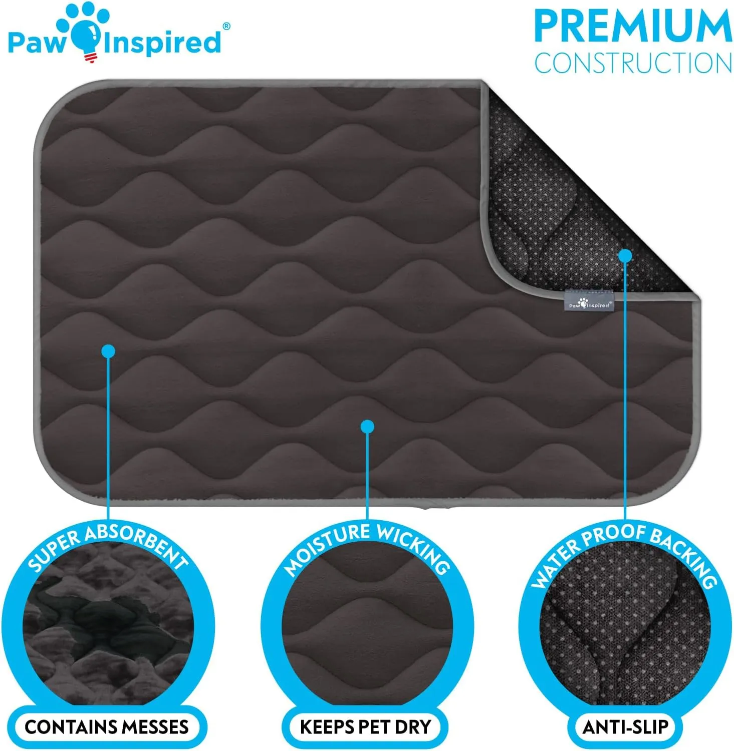 Paw Inspired Washable Padded Crate Mats for Dogs | 29 x 18 Pad, Fits 30-inch Kennels | Leakproof, Waterproof Bottom, Plush Pet Beds (Gray)