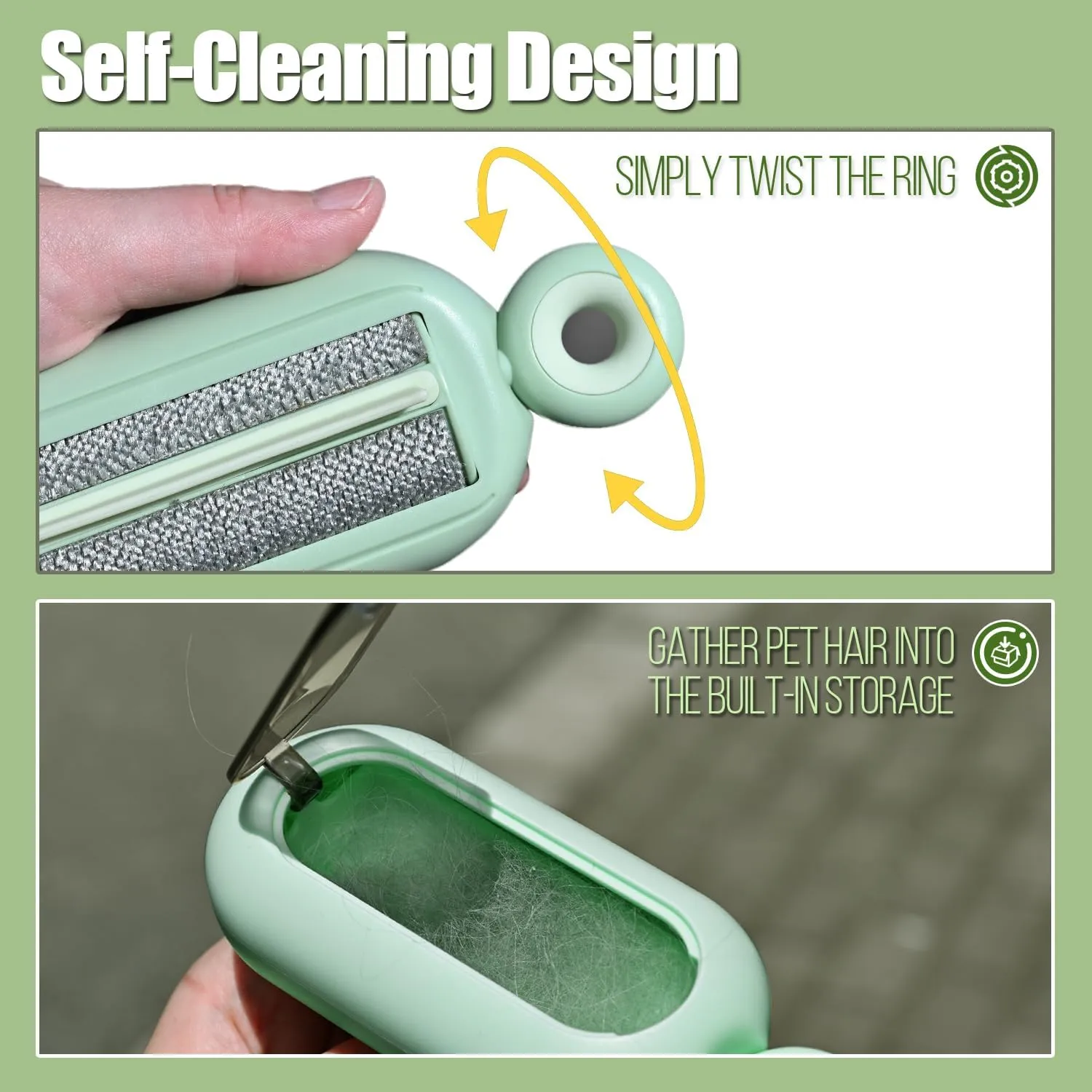 Pet Hair Remover, Self- Cleaning Lint Roller for Cats Dogs Fur, Portable Reusable Washable Pet Hair Removal Tool for Clothes, Car Seat, Carpet, Bedding, Sofa, Couch, Green