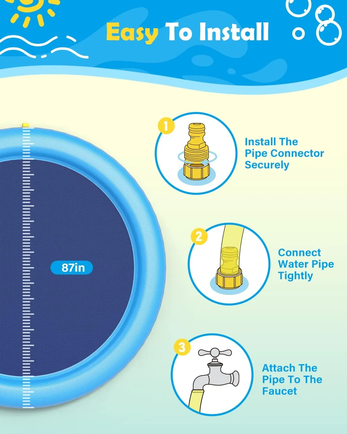 Peteast Large Dog Splash Pad - Anti-Slip Pool with Thickened Sprinkler - Blue, 86in