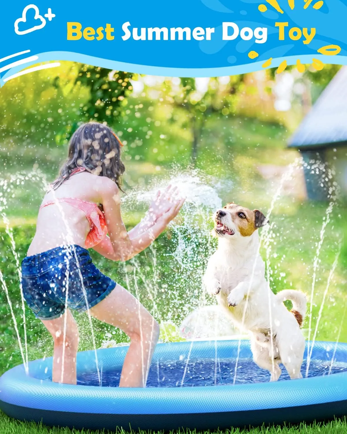 Peteast Large Dog Splash Pad - Anti-Slip Pool with Thickened Sprinkler - Blue, 86in