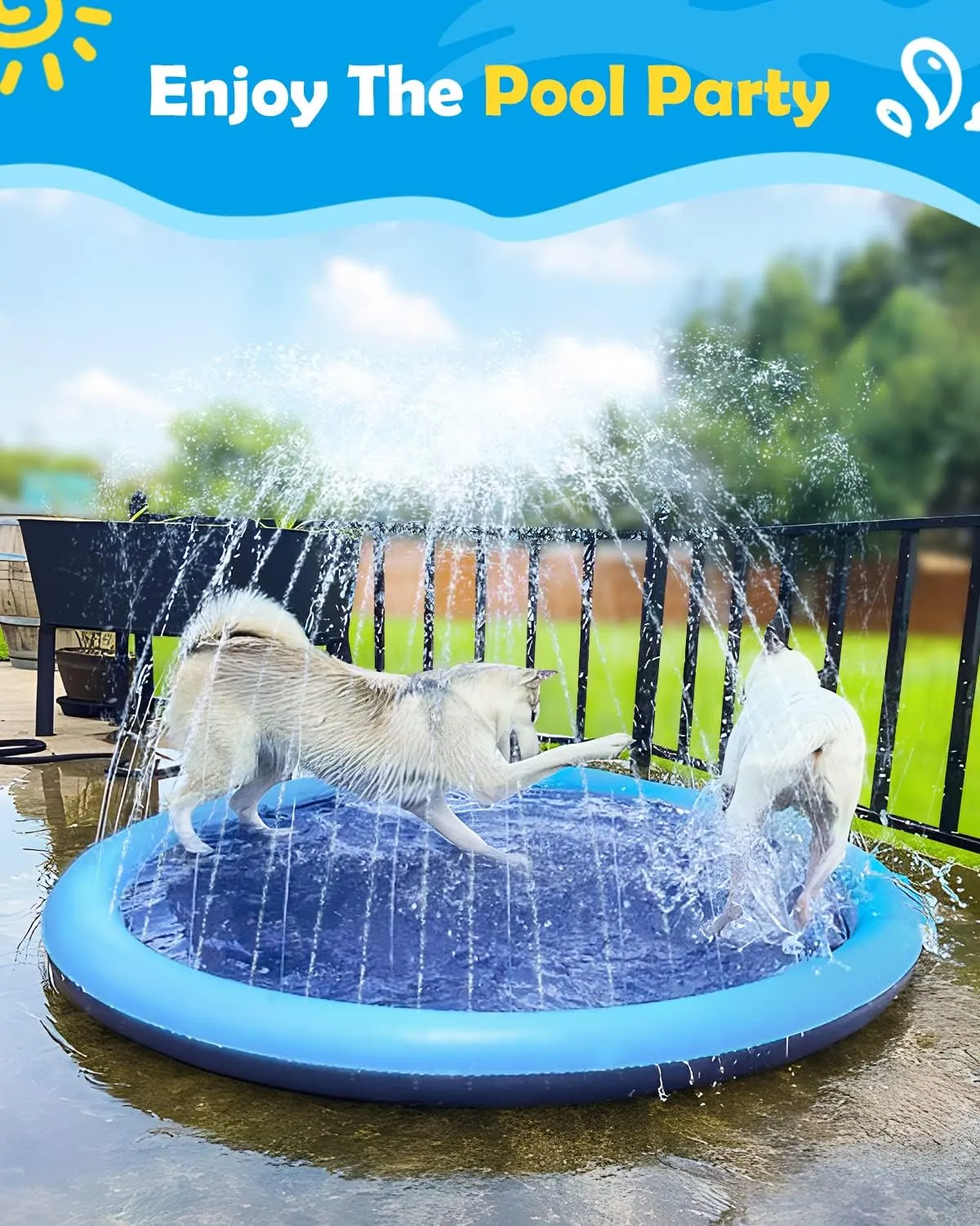 Peteast Large Dog Splash Pad - Anti-Slip Pool with Thickened Sprinkler - Blue, 86in