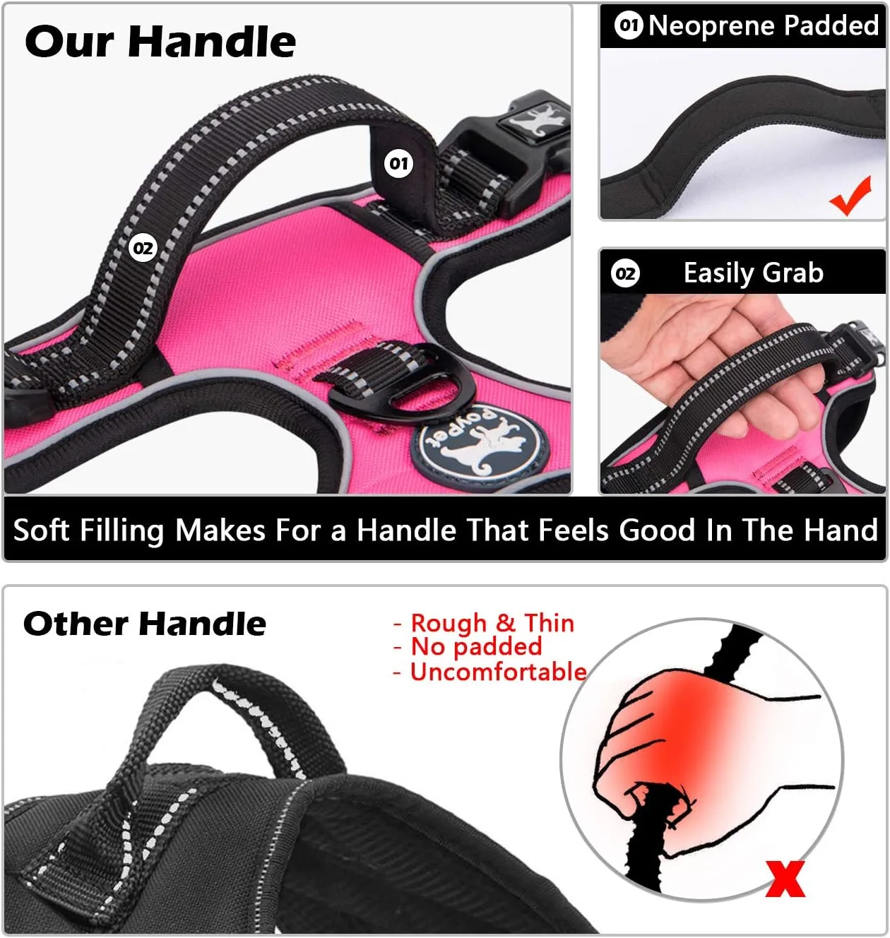 PoyPet No Pull Dog Harness, No Choke Front Lead Dog Reflective Harness, Adjustable Soft Padded Pet Vest with Easy Control Handle for Small to Large Dogs(Pink, Medium)