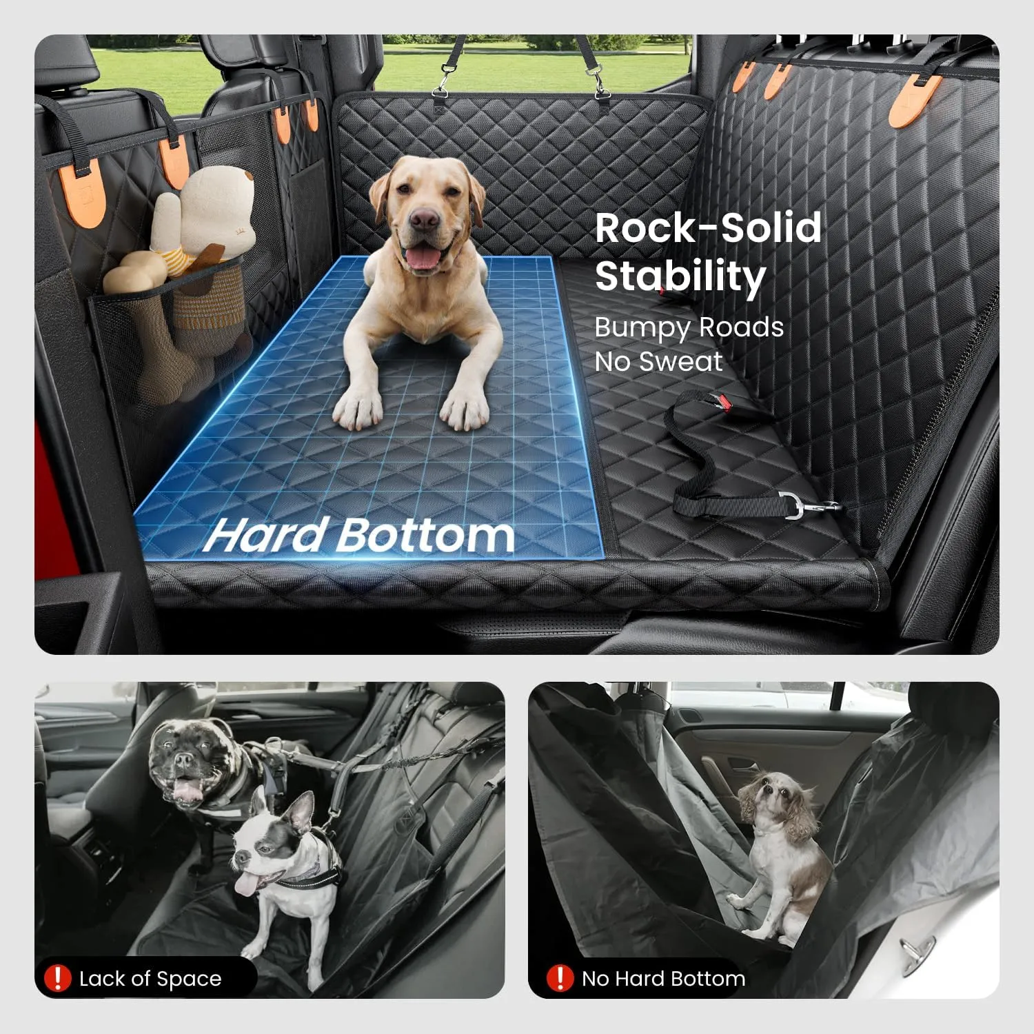 REEVAA Dog Truck Seat Cover for Back Seat, Hard Bottom Dog Hammock for Car, Pet Bed Extender for 2-4 Large Dogs, Waterproof Seat Protector, Universal XL Size Fits for Crew Cab Truck/SUV, Black Orange
