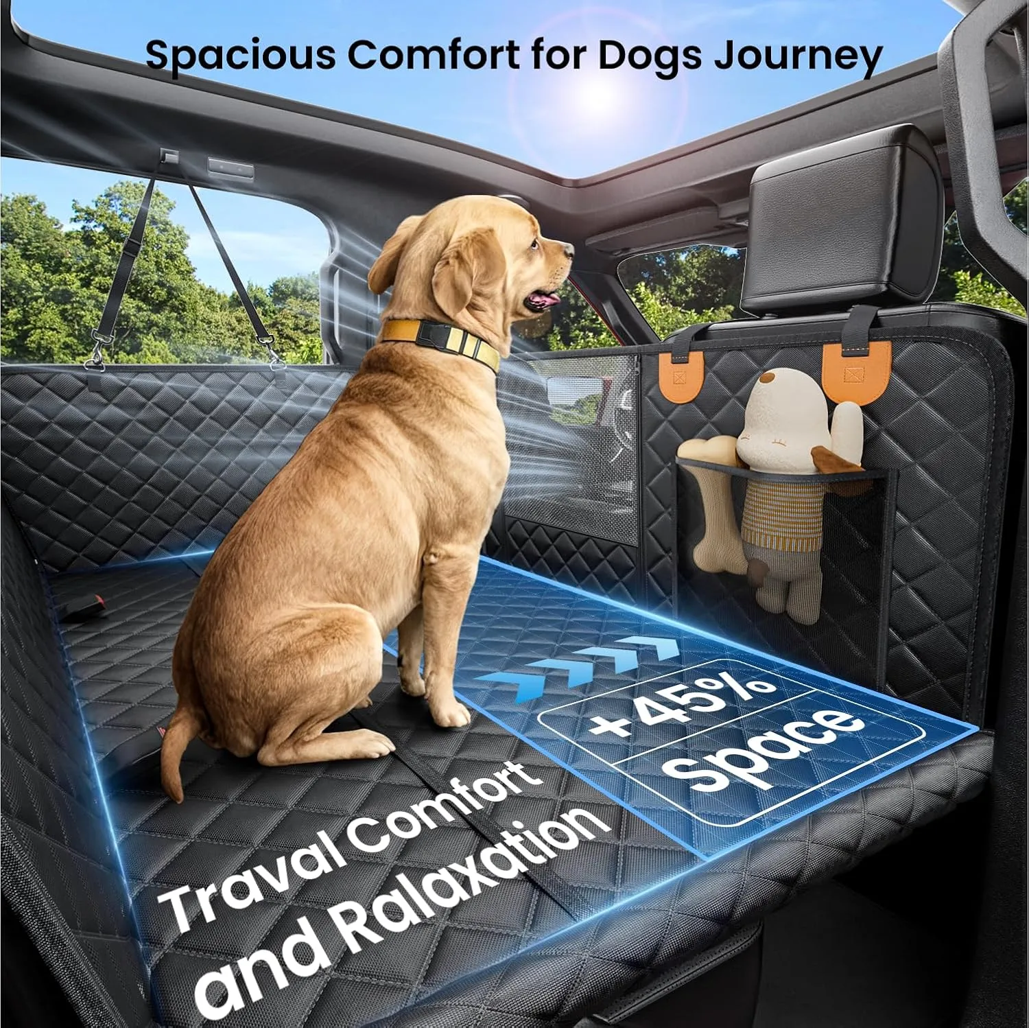 REEVAA Dog Truck Seat Cover for Back Seat, Hard Bottom Dog Hammock for Car, Pet Bed Extender for 2-4 Large Dogs, Waterproof Seat Protector, Universal XL Size Fits for Crew Cab Truck/SUV, Black Orange