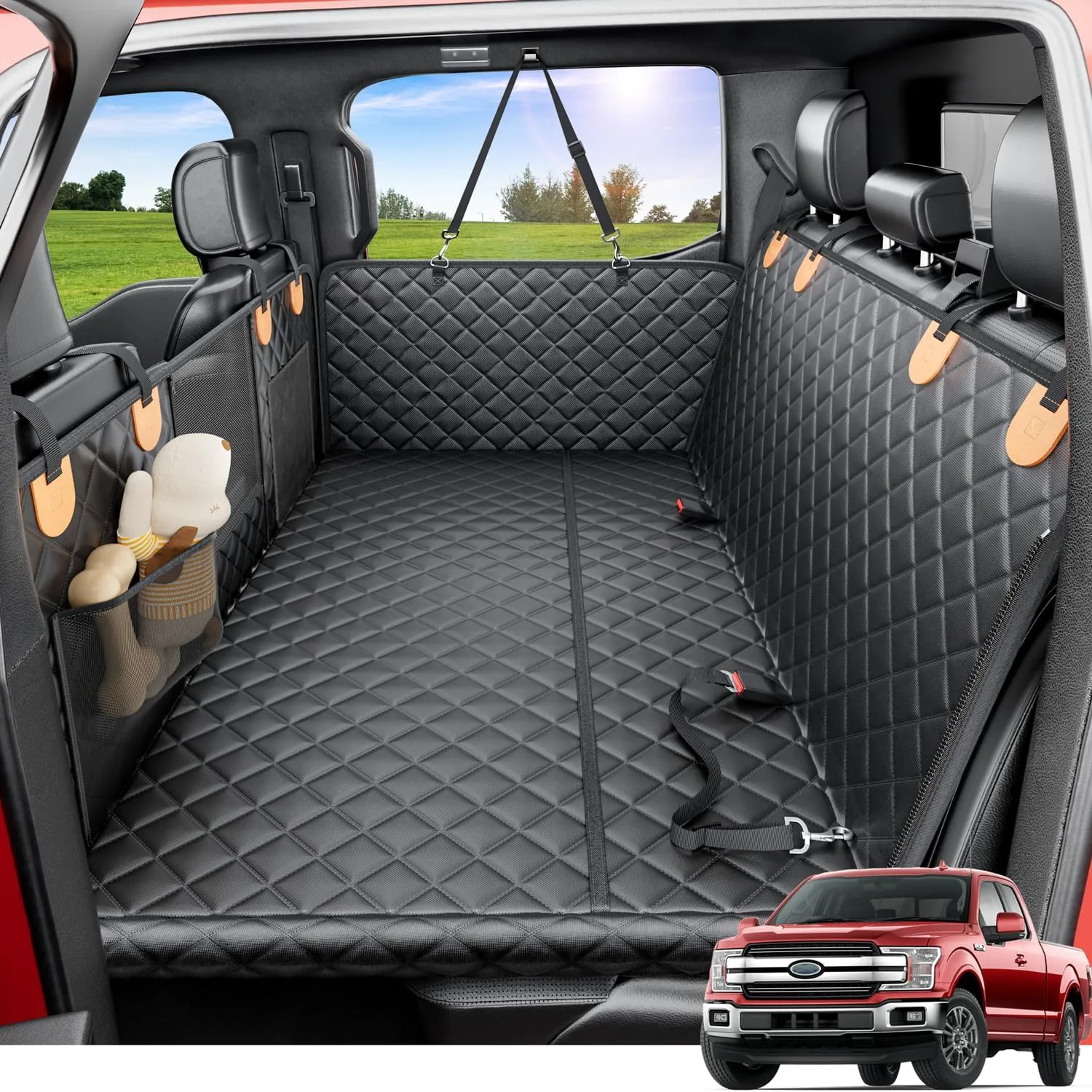 REEVAA Dog Truck Seat Cover for Back Seat, Hard Bottom Dog Hammock for Car, Pet Bed Extender for 2-4 Large Dogs, Waterproof Seat Protector, Universal XL Size Fits for Crew Cab Truck/SUV, Black Orange