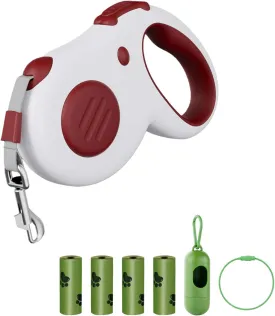 Retractable Dog Leash, 16 ft Dog Leash for Pets up to 44 lbs, Durable ABS and Aluminum Alloy Clip, Includes 4 Rolls of Poop Bags and Bag Holder, Red and White