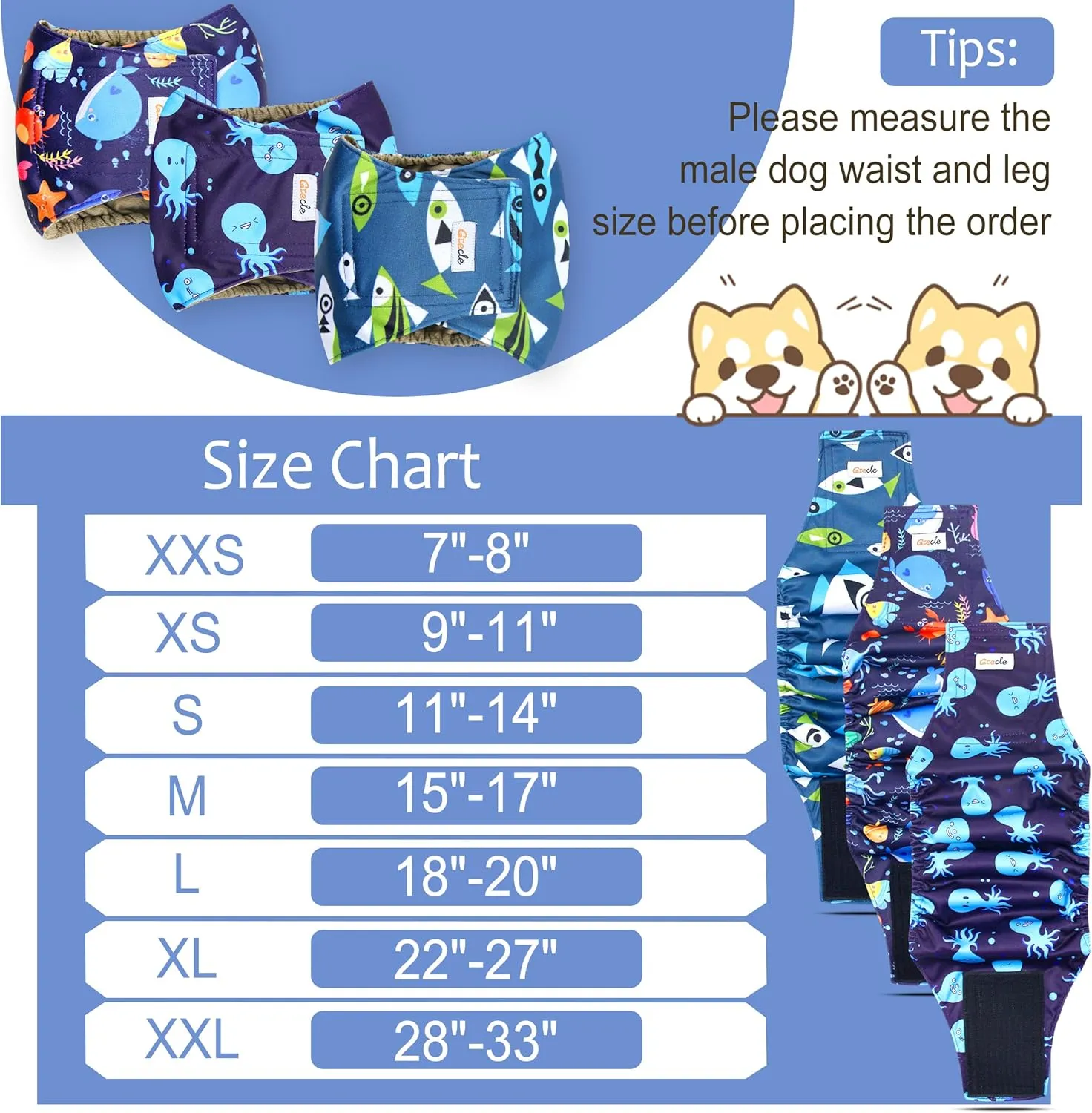 Reusable Dog Diapers Male 3Pcs, Premium Washable Belly Bands for Male Dog XLarge, High Absorbing Male Dog Wraps for Doggie Puppy in Incontinence, Excitable Urination and Training(Seafloor,XL)