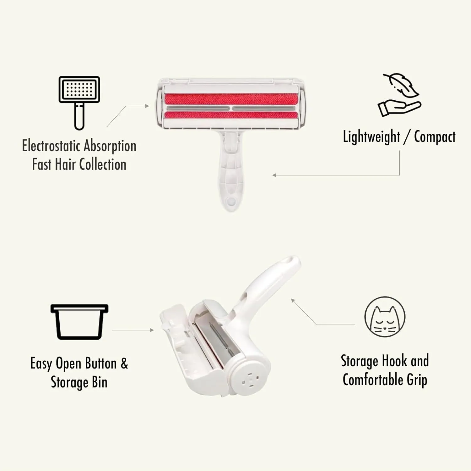 Roller Pet Hair Remover and Reusable Lint Roller - Cat and Dog Hair Remover for Furniture, Carpet, Clothes, Bedding and Car Seats- Lightweight, Multi-Surface Fur Removal Tool (Red)