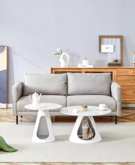 Set of 2 Round Coffee Tables with Marble-Look Top and Steel Base, Integrated Cat Beds, Modern Design, White
