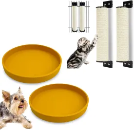 Silicone Cat Bowl Set of 2 with Cat Scratching Post Wall Mounted 2 Pack Cage Mount Cat Scratcher 2-in-1 Natural Sisal Kitty Scratch Posts with Self Groomer Massager for Scratch and Climbing