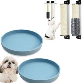 Silicone Cat Bowl Set of 2 with Cat Scratching Post Wall Mounted 2 Pack Cage Mount Cat Scratcher 2-in-1 Natural Sisal Kitty Scratch Posts with Self Groomer Massager for Scratch and Climbing