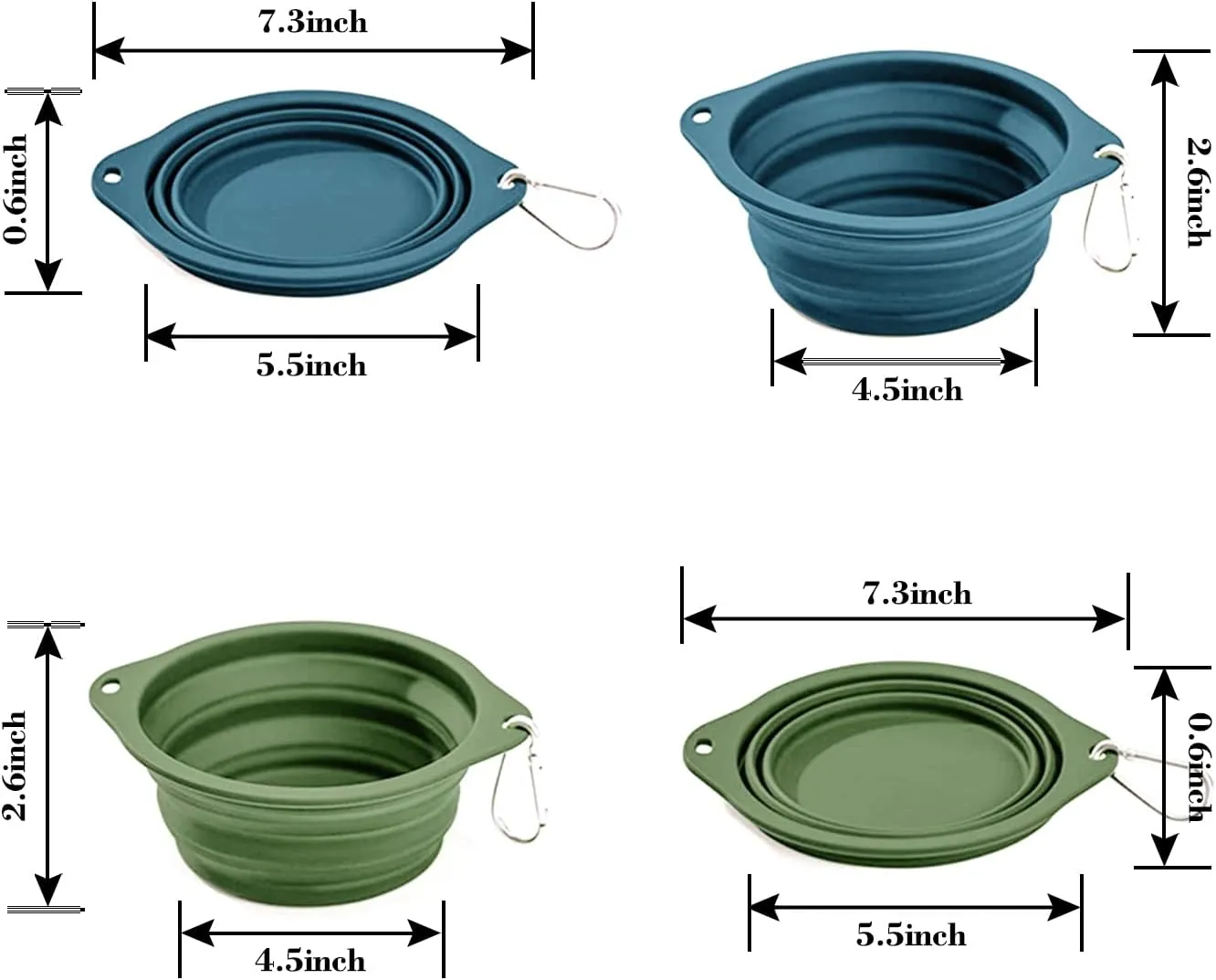 Silicone Dog Travel Bowl, 2 Pack Collapsible Pet Bowl, Foldable No Plastic Rim Pet Feeding Bowls, No Spill Water Cup for Pet