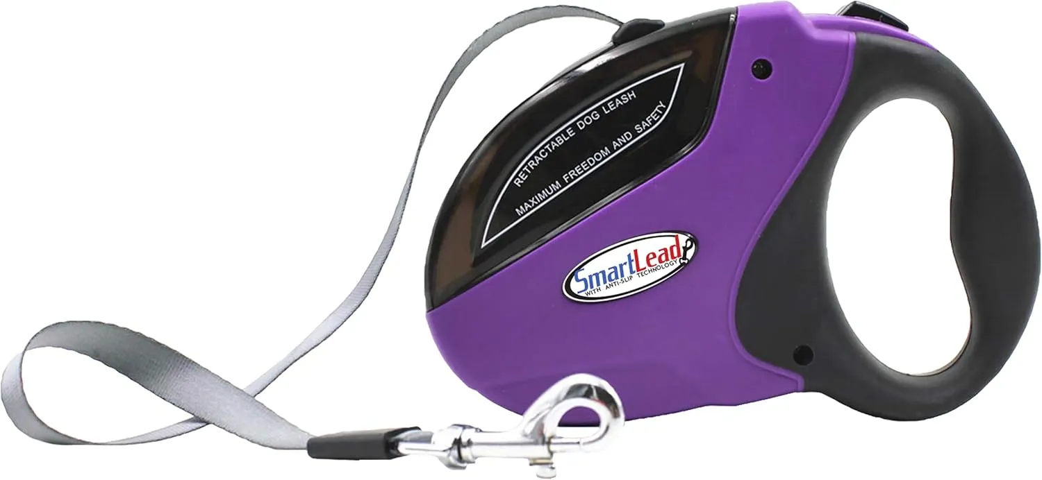 SmartLead Retractable, Reflective, Heavy-Duty 16-Foot Nylon Dog Leash, Tangle Free, Anti-Slip Brake Technology, Easy Grip Handle, Good for Dogs up to 110 Pounds  Purple