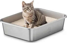 Stainless Steel Cat Litter Box with Handle, Metal Kitty Litter Box for Small Cats, Non-Stick, Easy to Clean, Odor-Free, 15.6"11.6"3.9", Small Litter Boxes for Kitten, Kitty, Rabbit