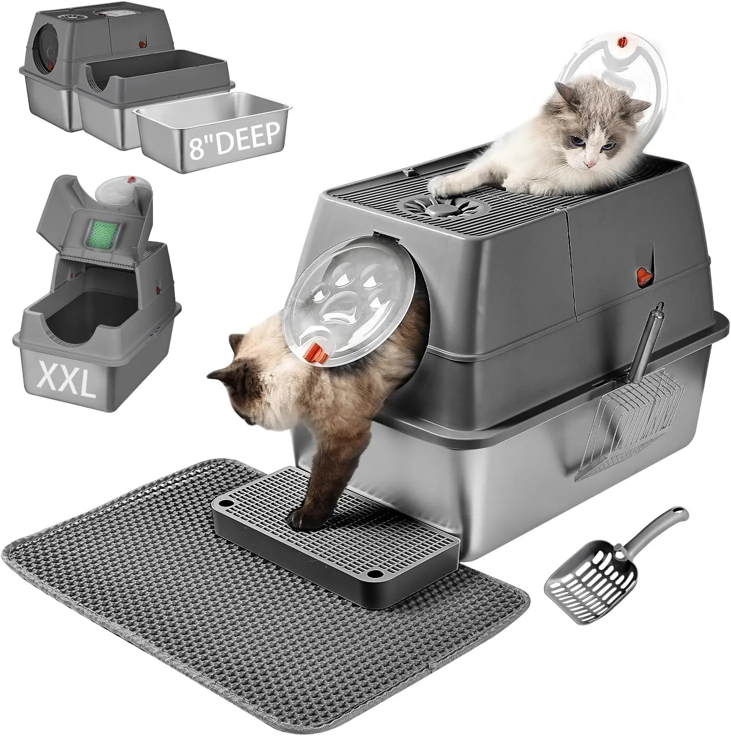 Stainless Steel Litter Box with Lid, 135 Flip-Top XL Extra Large Enclosed Metal Litter Pan with 2 Litter Scoops & Litter Mat. Easy to Clean, Anti-Leakage, Odor Free, Front & Top Dual Entry