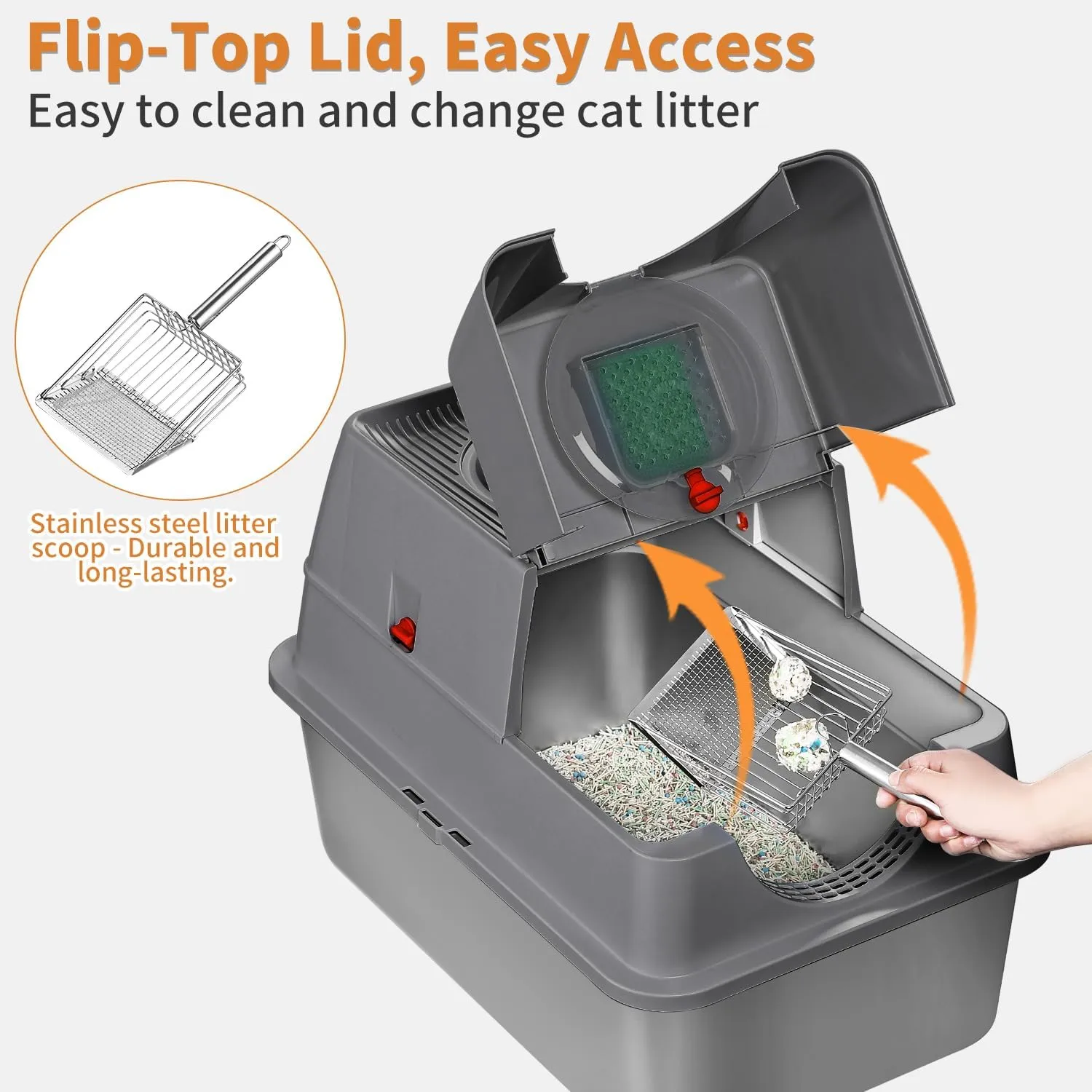 Stainless Steel Litter Box with Lid, 135 Flip-Top XL Extra Large Enclosed Metal Litter Pan with 2 Litter Scoops & Litter Mat. Easy to Clean, Anti-Leakage, Odor Free, Front & Top Dual Entry