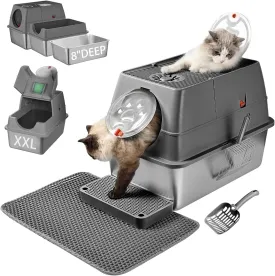 Stainless Steel Litter Box with Lid, 135 Flip-Top XL Extra Large Enclosed Metal Litter Pan with 2 Litter Scoops & Litter Mat. Easy to Clean, Anti-Leakage, Odor Free, Front & Top Dual Entry