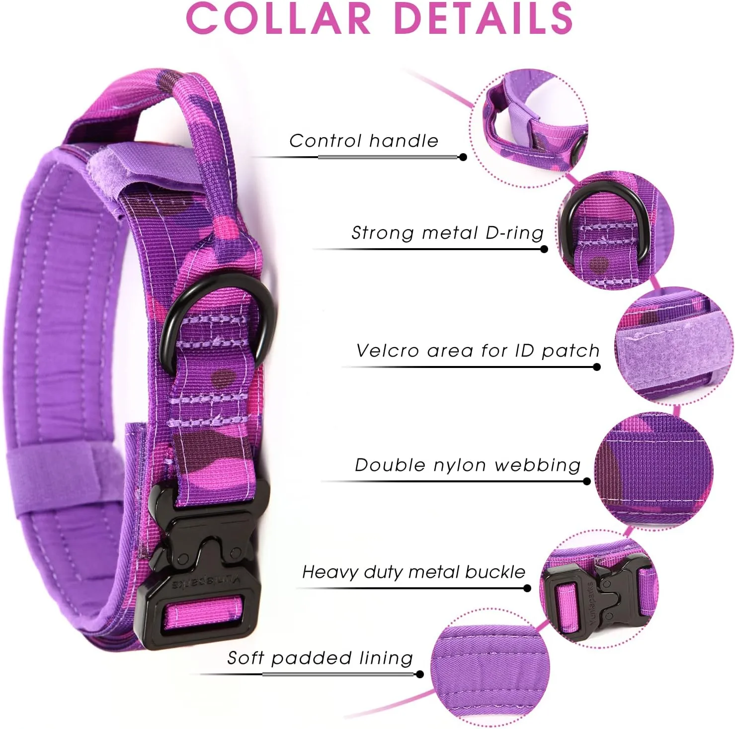 Tactical Dog Collar with Heavy Duty Metal Buckle and Control Handle for Medium Large Dogs Training(Purple Camo, X-Large)