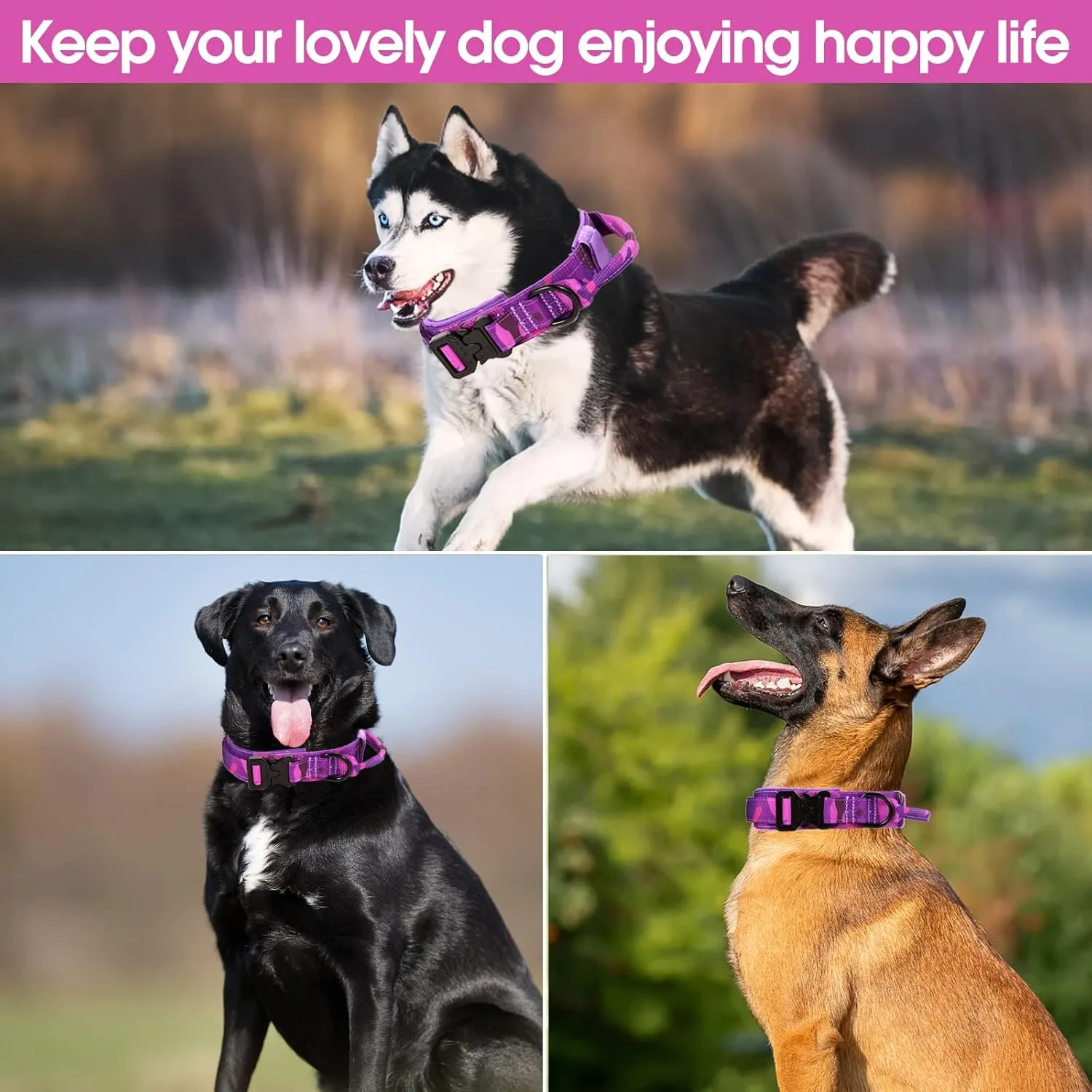 Tactical Dog Collar with Heavy Duty Metal Buckle and Control Handle for Medium Large Dogs Training(Purple Camo, X-Large)