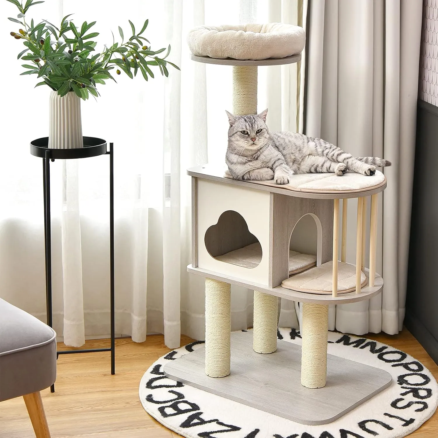 Tangkula Modern Wood Cat Tree, 46 Inches Cat Tower with Platform, Cat Activity Center with Scratching Posts and Washable Cushions, Wooden Cat Condo Furniture for Kittens and Cats (Light Grey)