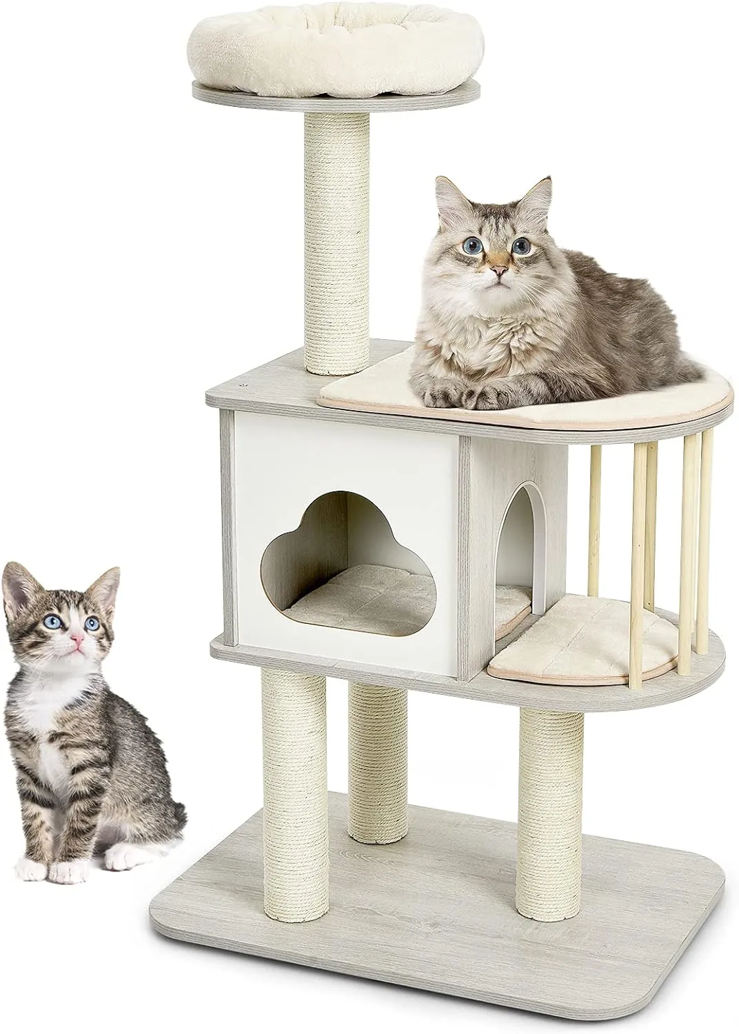 Tangkula Modern Wood Cat Tree, 46 Inches Cat Tower with Platform, Cat Activity Center with Scratching Posts and Washable Cushions, Wooden Cat Condo Furniture for Kittens and Cats (Light Grey)