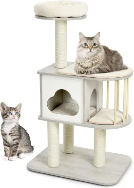 Tangkula Modern Wood Cat Tree, 46 Inches Cat Tower with Platform, Cat Activity Center with Scratching Posts and Washable Cushions, Wooden Cat Condo Furniture for Kittens and Cats (Light Grey)