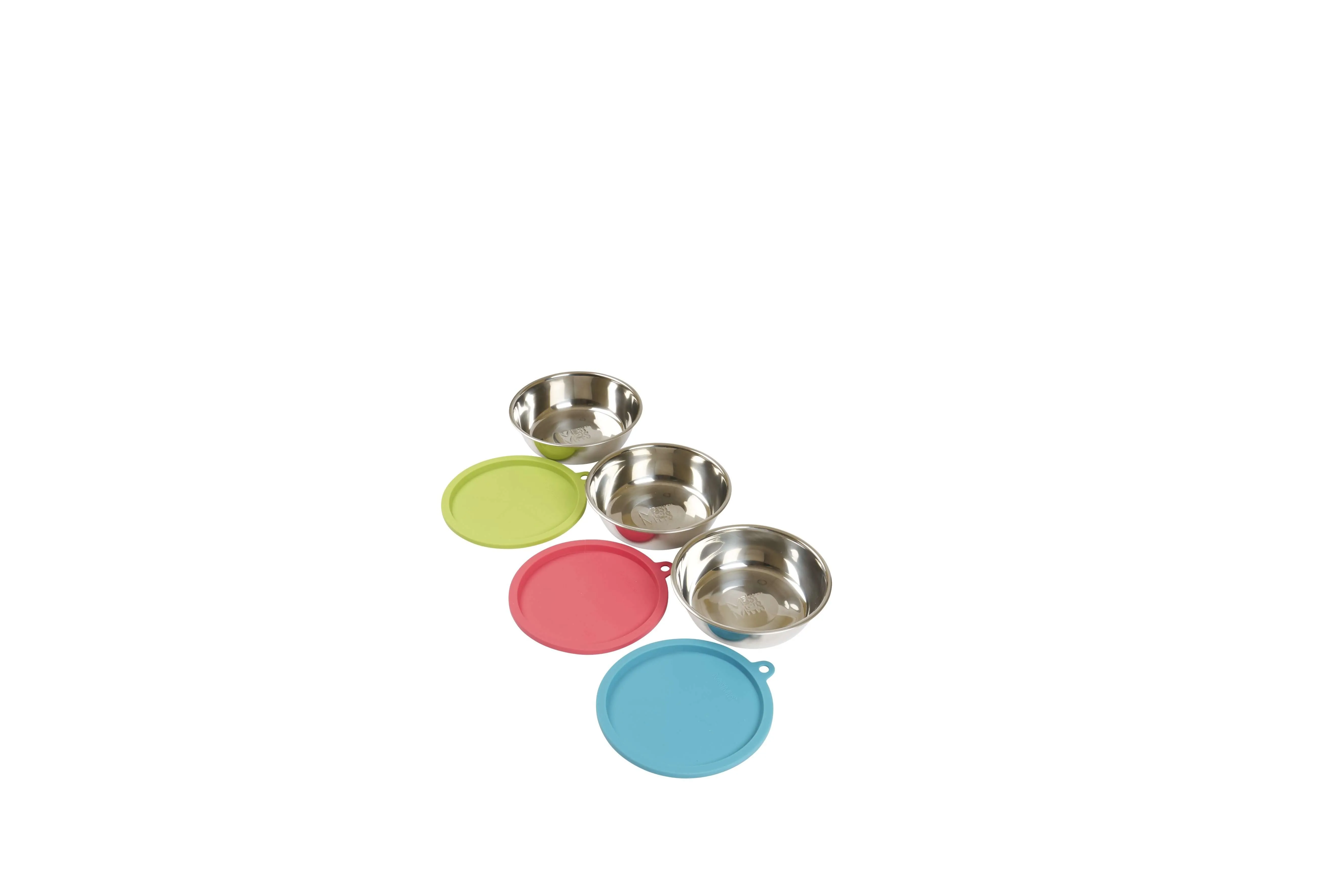 Three Stainless Steel Dog Bowls and Three Silicone Lids, Extra  Large, 6 Cups Per Bowl