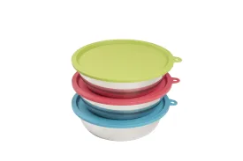 Three Stainless Steel Dog Bowls and Three Silicone Lids, Extra  Large, 6 Cups Per Bowl