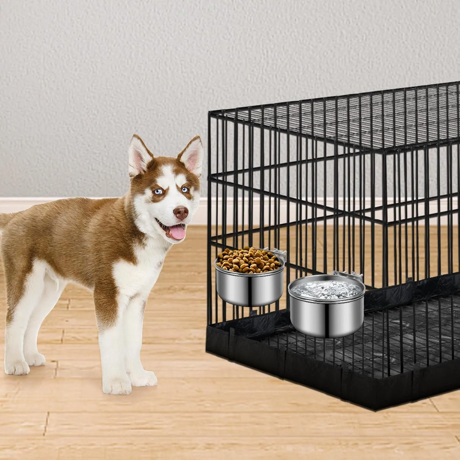 Water Bowl for Dog Crate, ShineMe Stainless Steel Pet Food Bowls for Kennel Cage No Spill, Attachable Dog Crate Bowls Hanging 2 Pack for Medium and Small Sized Dogs (5.5 * 2.9 & 4.9 * 3.3)
