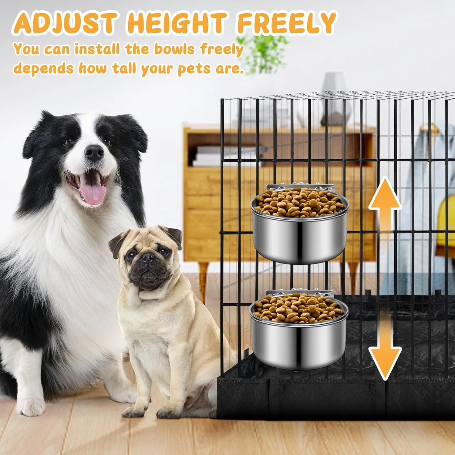 Water Bowl for Dog Crate, ShineMe Stainless Steel Pet Food Bowls for Kennel Cage No Spill, Attachable Dog Crate Bowls Hanging 2 Pack for Medium and Small Sized Dogs (5.5 * 2.9 & 4.9 * 3.3)